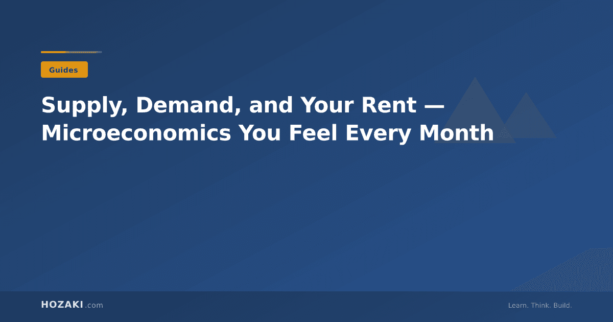 City apartment buildings alongside a price chart showing supply and demand curves intersecting, symbolizing the economics behind monthly rent