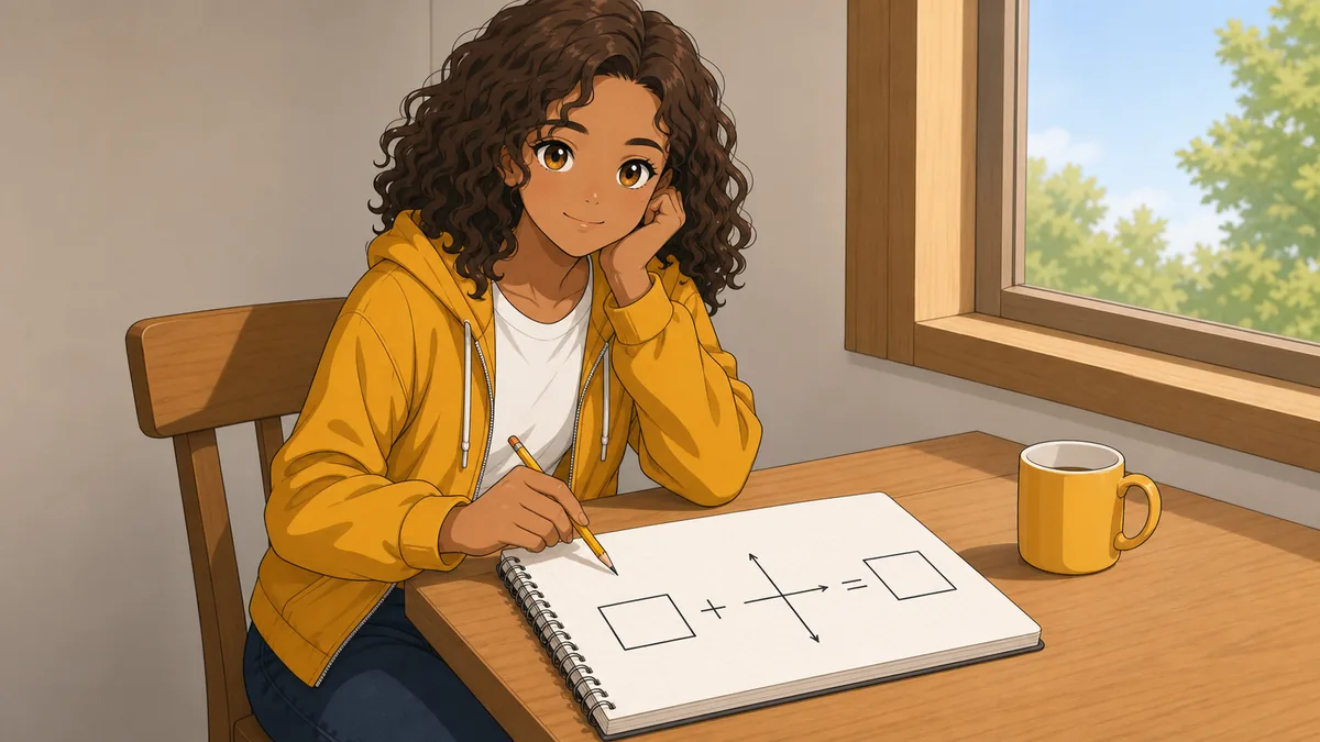 A student works through an equation in her notebook, an empty box marking the unknown value she needs to find