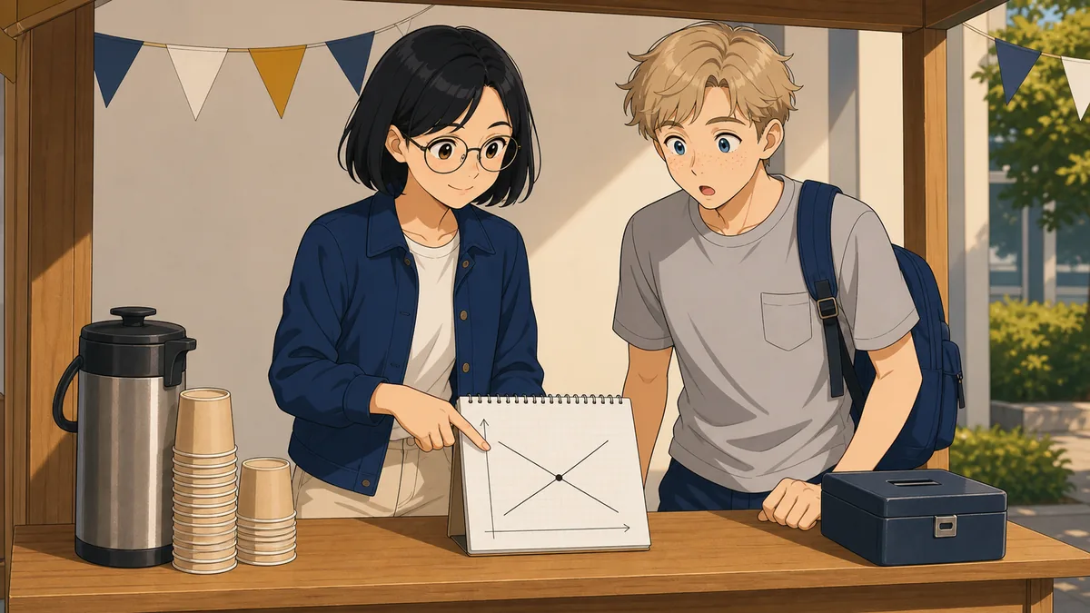 Two students running a small cafe stall compare costs against takings on a notepad, where the two lines cross