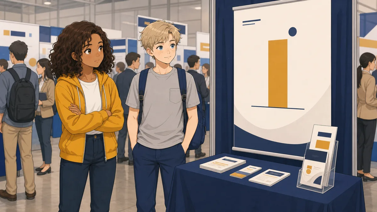 Two students look sceptically at a recruitment poster advertising a single headline salary figure