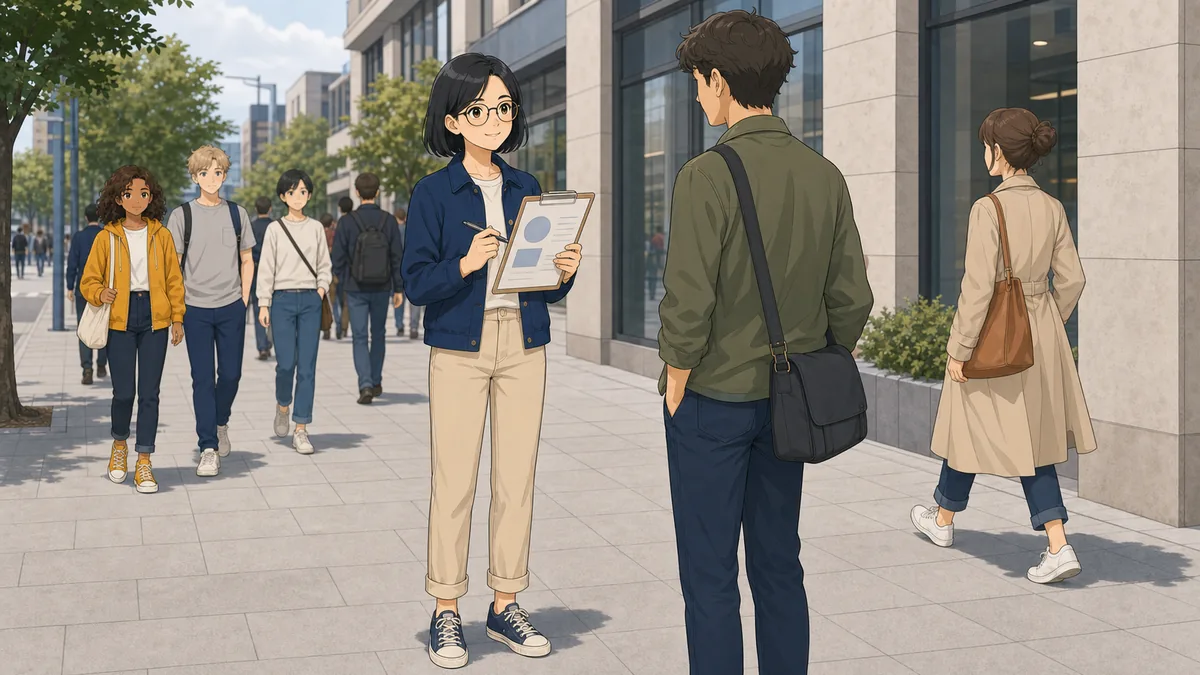 A student with a clipboard surveys passers-by on a busy street