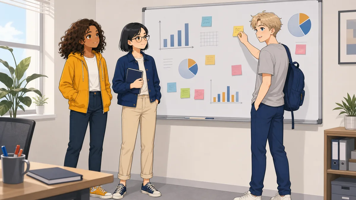 Three students discuss findings around a whiteboard covered in charts and sticky notes