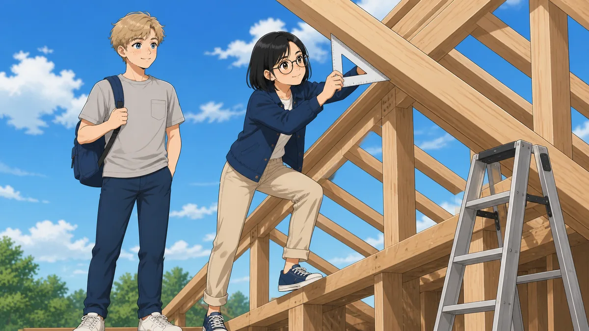 Two students measure the angle of a roof rafter on a building site