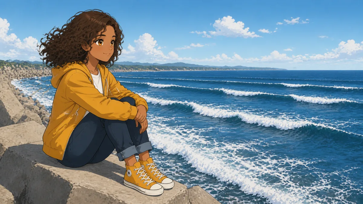 A student sits on a breakwater watching regular ocean swells roll in
