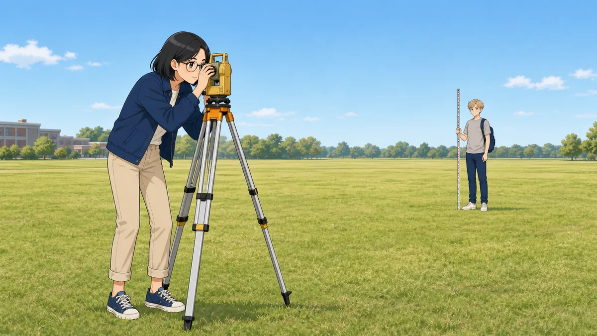 A student sights through a surveyor's tripod instrument while another holds a measuring staff in the distance