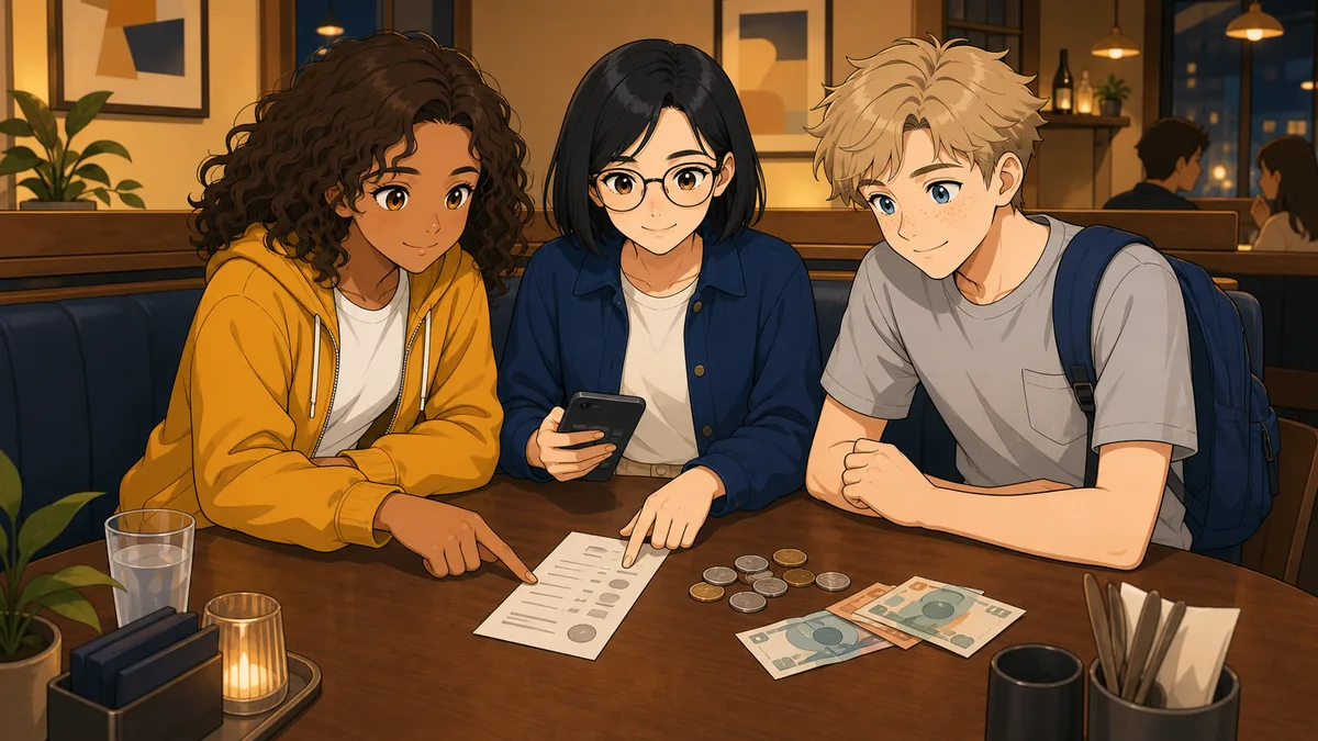 Three friends divide a restaurant bill between them using coins and a phone calculator