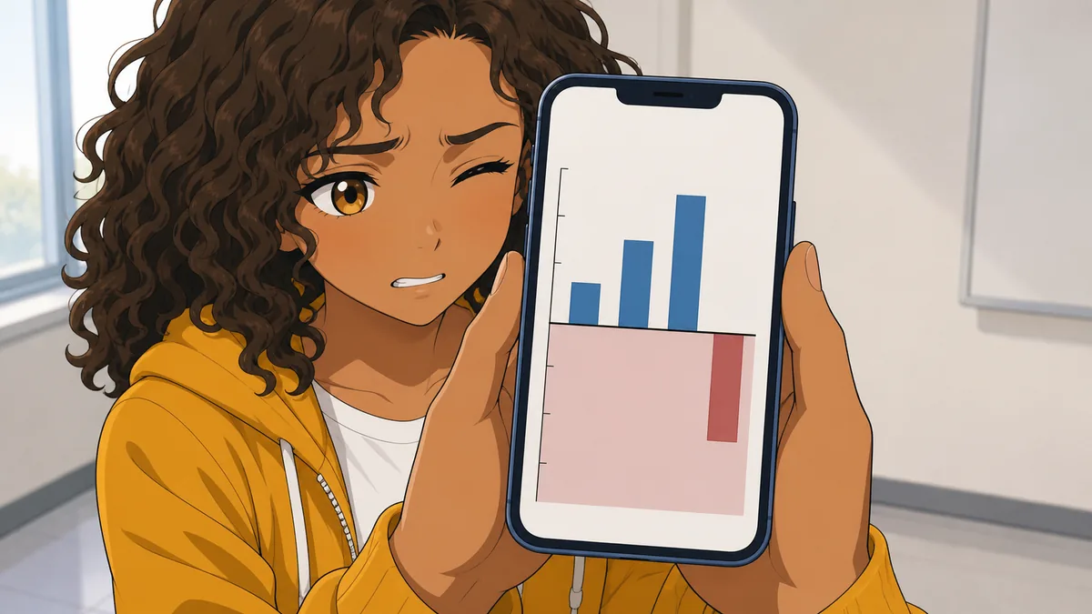 A phone screen showing a bar chart where one bar drops below the zero line into shaded red