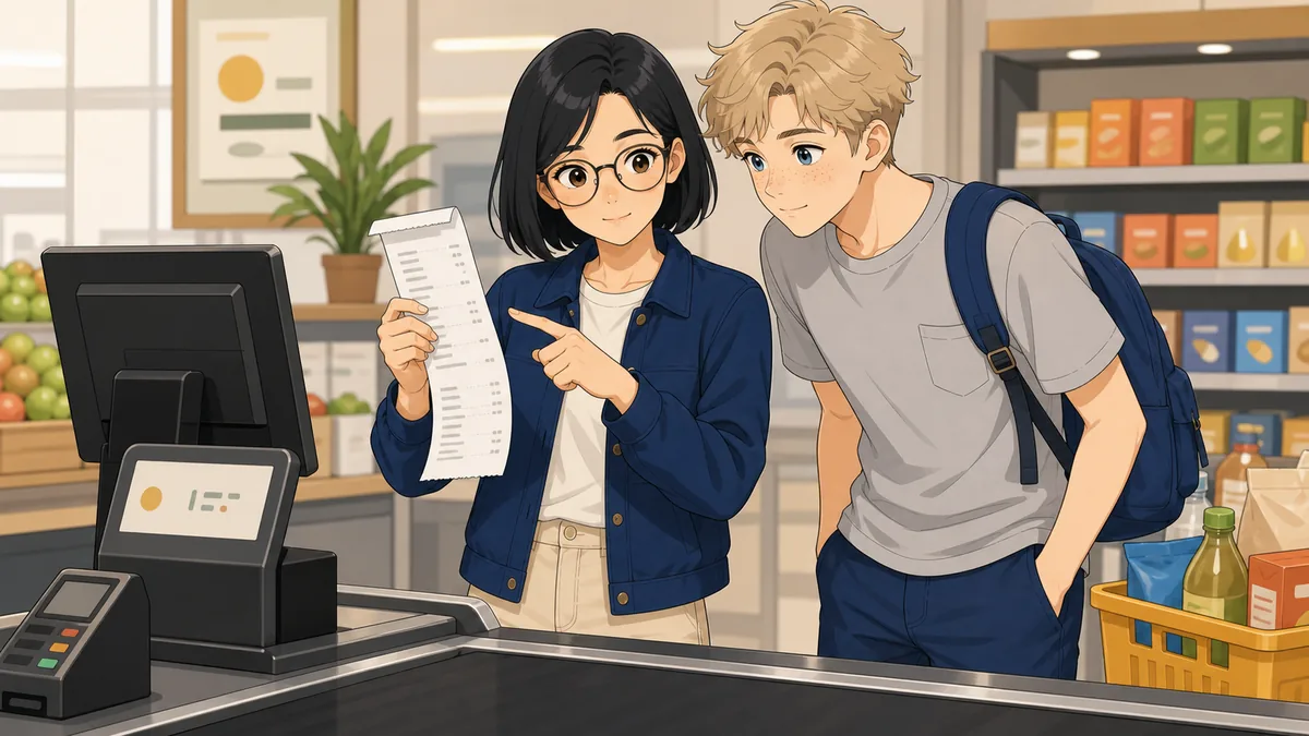 Two students pause at a supermarket checkout to re-check a line on their receipt
