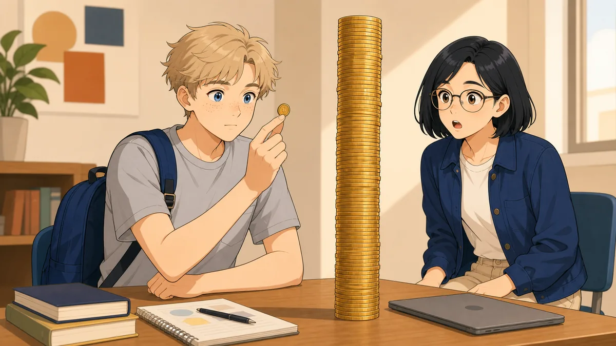 A student holds up a single coin beside an enormous towering stack, illustrating repeated doubling