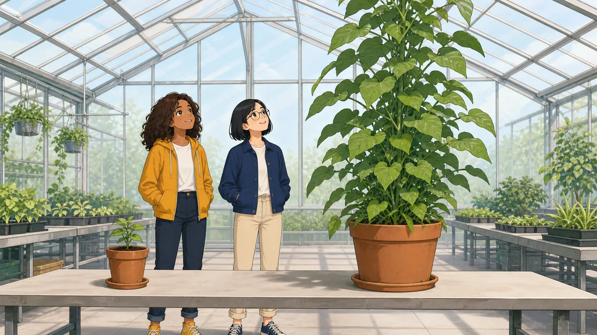 Two students compare a small seedling against an enormous overgrown plant in a greenhouse