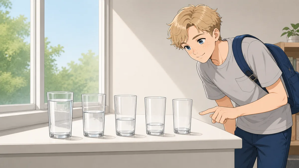 Five glasses in a row along a windowsill, each holding half the liquid of the one before it