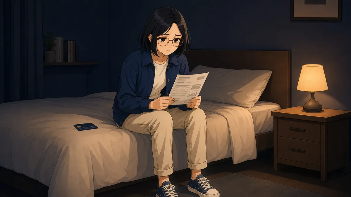 A student sits on a bed at night reading a credit card statement with visible worry