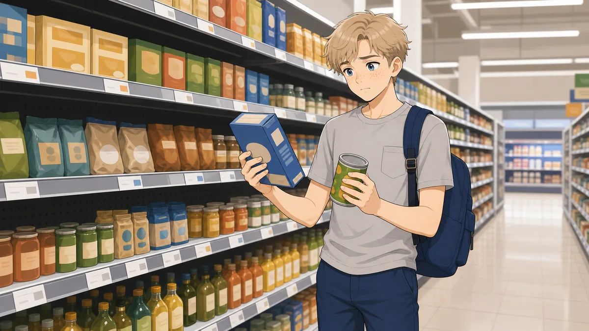 A student compares shelf prices in a supermarket aisle with a resigned expression