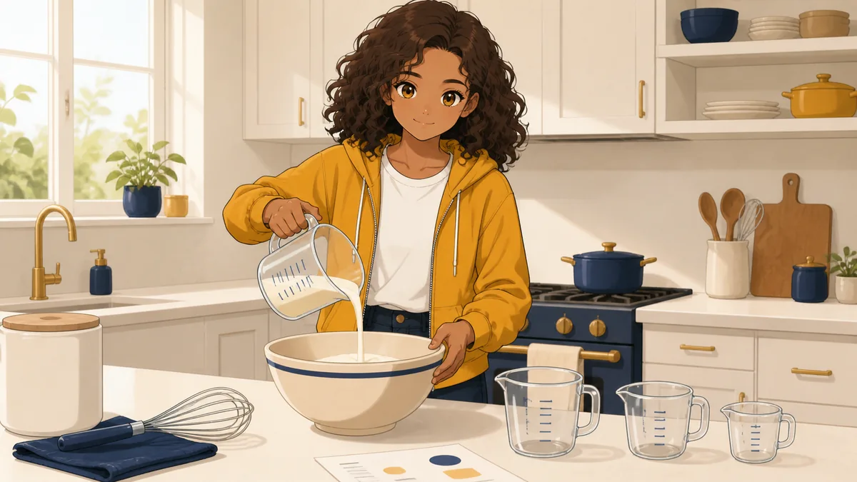 A student halves a recipe in a kitchen, pouring carefully from a measuring jug