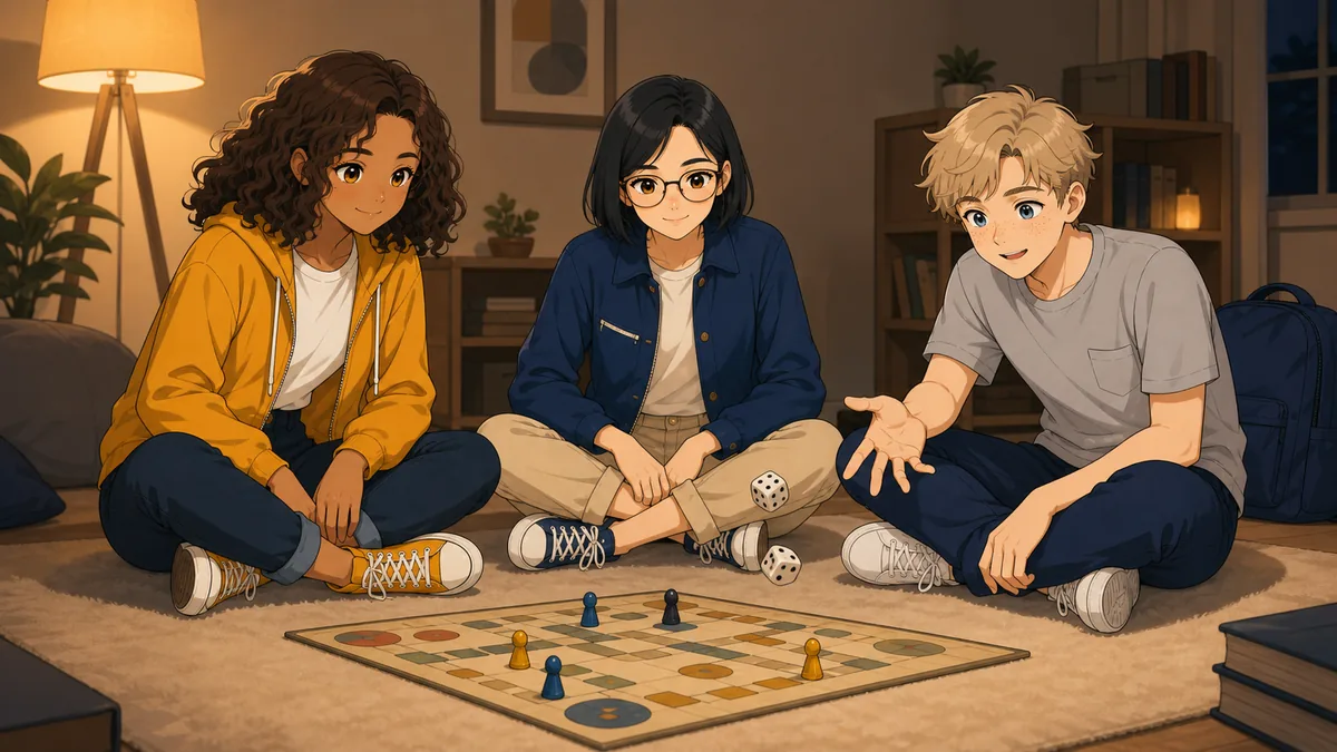 Three students play a board game, watching a pair of dice land