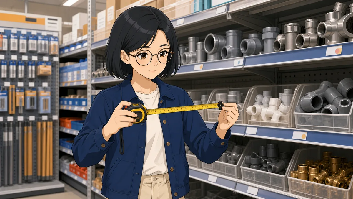 A student examines the fine fractional divisions on a tape measure in a hardware shop