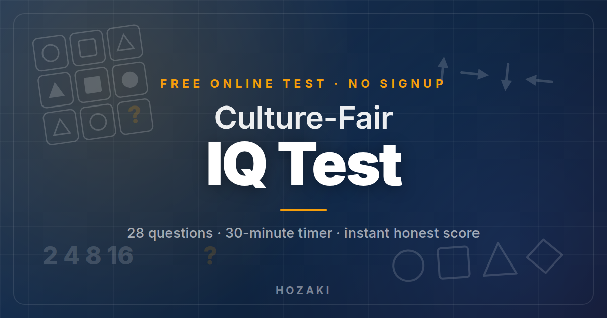 Free Culture-Fair IQ Test Culture-Fair IQ Test by Hozaki: a free online reasoning test with matrix, number-series, and spatial puzzles.