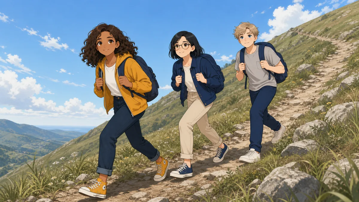 Three students climb a steep hillside trail, leaning into the gradient