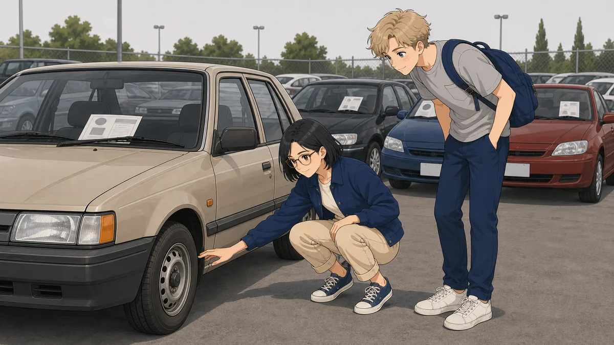 Two students inspect an older car at a second-hand lot