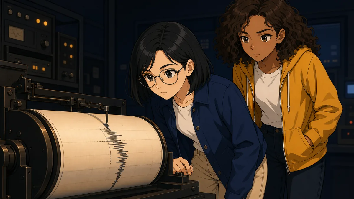 Two students watch a seismograph needle trace a jagged line onto rolling paper