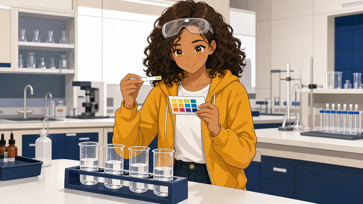 A student compares a pH test strip against a colour chart in a school laboratory