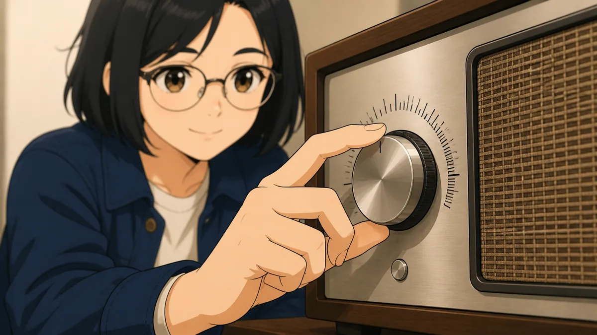 A hand turns an amplifier volume dial whose scale marks bunch closer together toward the high end
