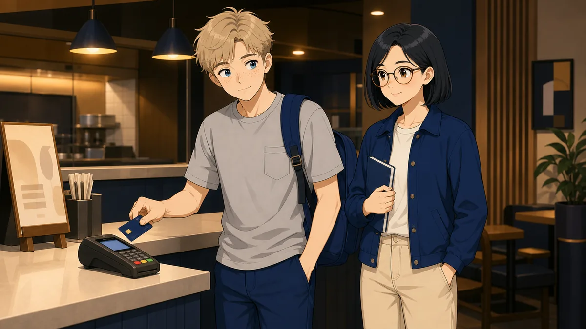 A student pauses at a payment terminal working out a tip in his head