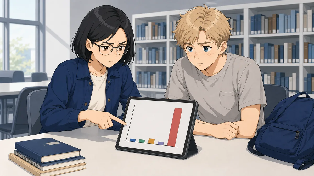 Two students frown at a misleading bar chart on a tablet, pointing at its distorted axis