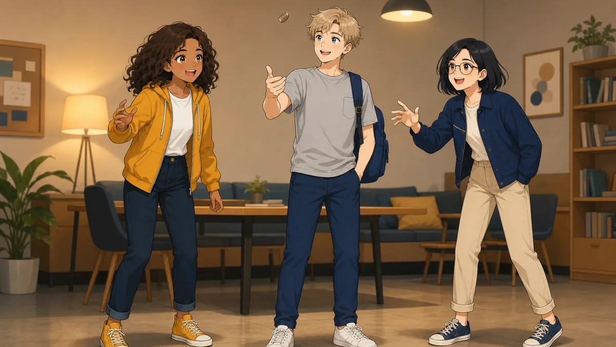 Three students watch a coin spinning in the air after a flip