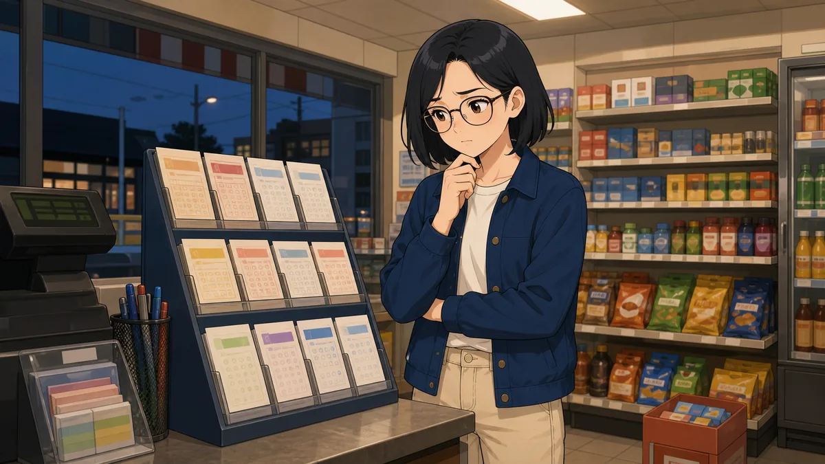 A student regards a rack of lottery slips at a corner shop with visible scepticism