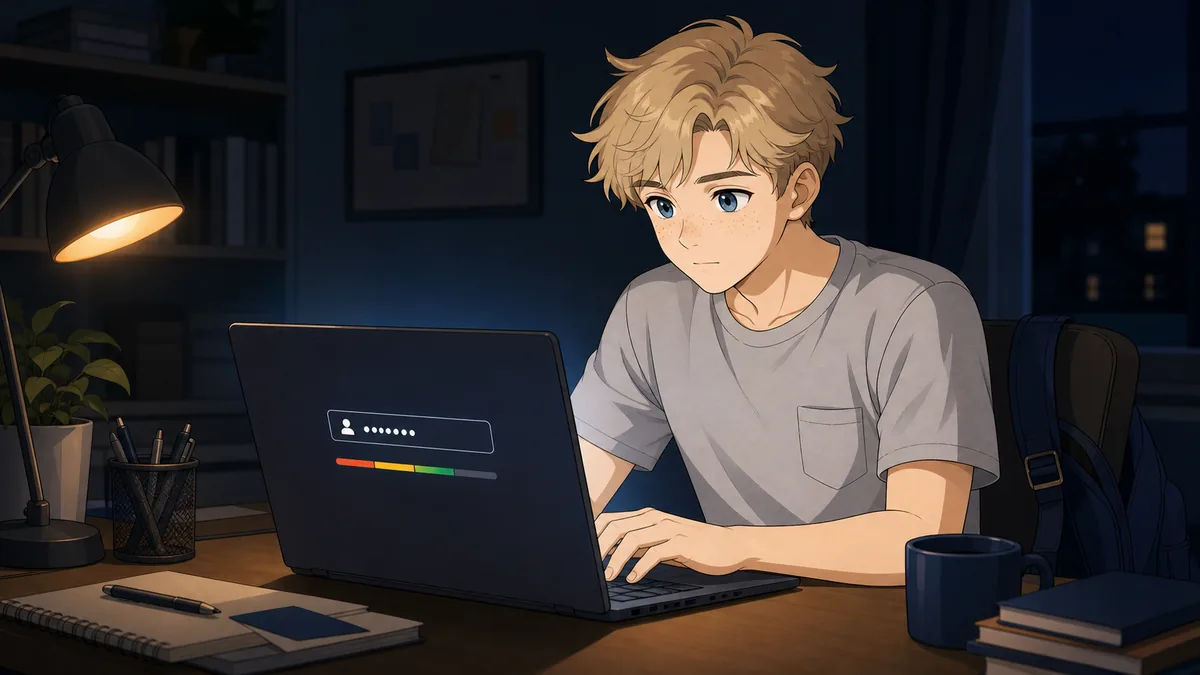 A student types a password into a laptop late at night as a strength indicator responds
