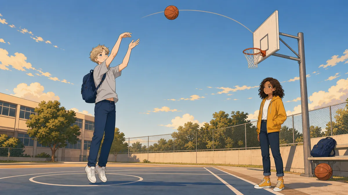 A student shoots a basketball, the ball frozen at the top of its curved arc