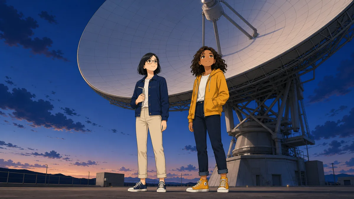 Two students look up at the curved surface of a large satellite dish at dusk