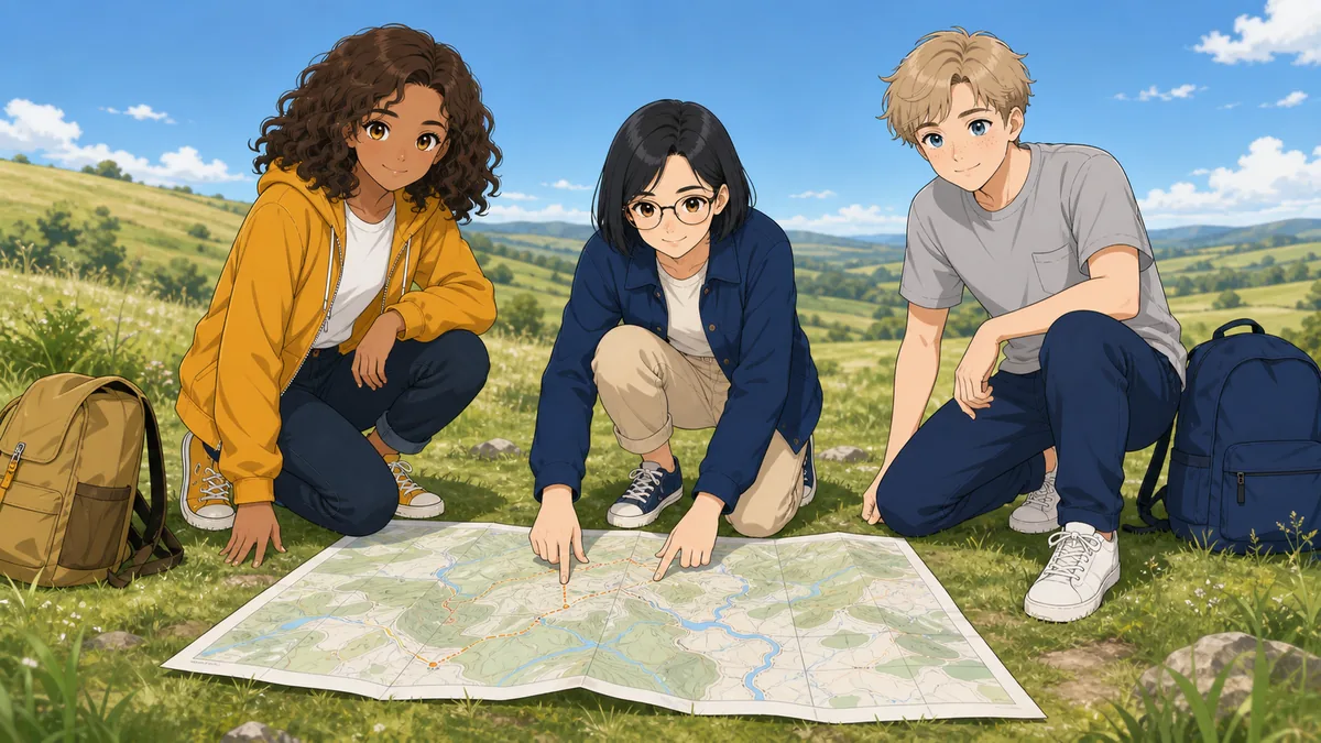 Three students crouch over a paper map on the grass, measuring a hiking distance by hand
