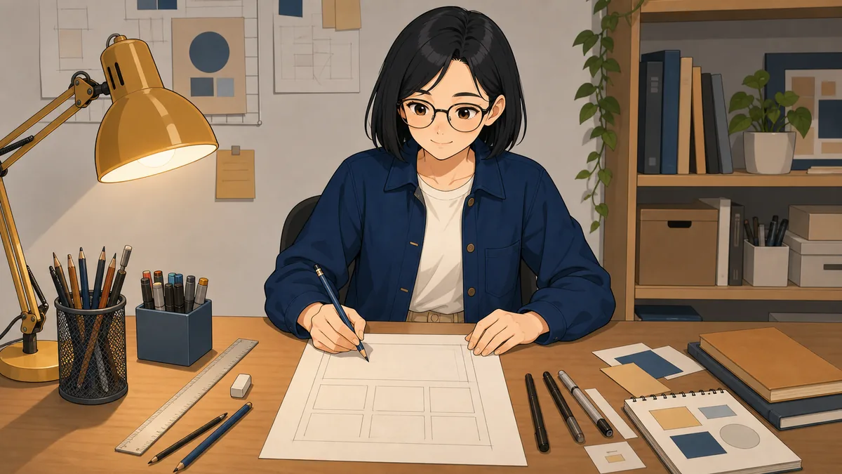 A student sketches a poster layout, dividing the page with proportional guide lines