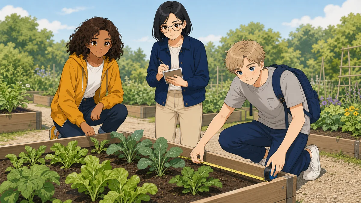 A student measures the side of a square garden bed with a tape measure while another records it