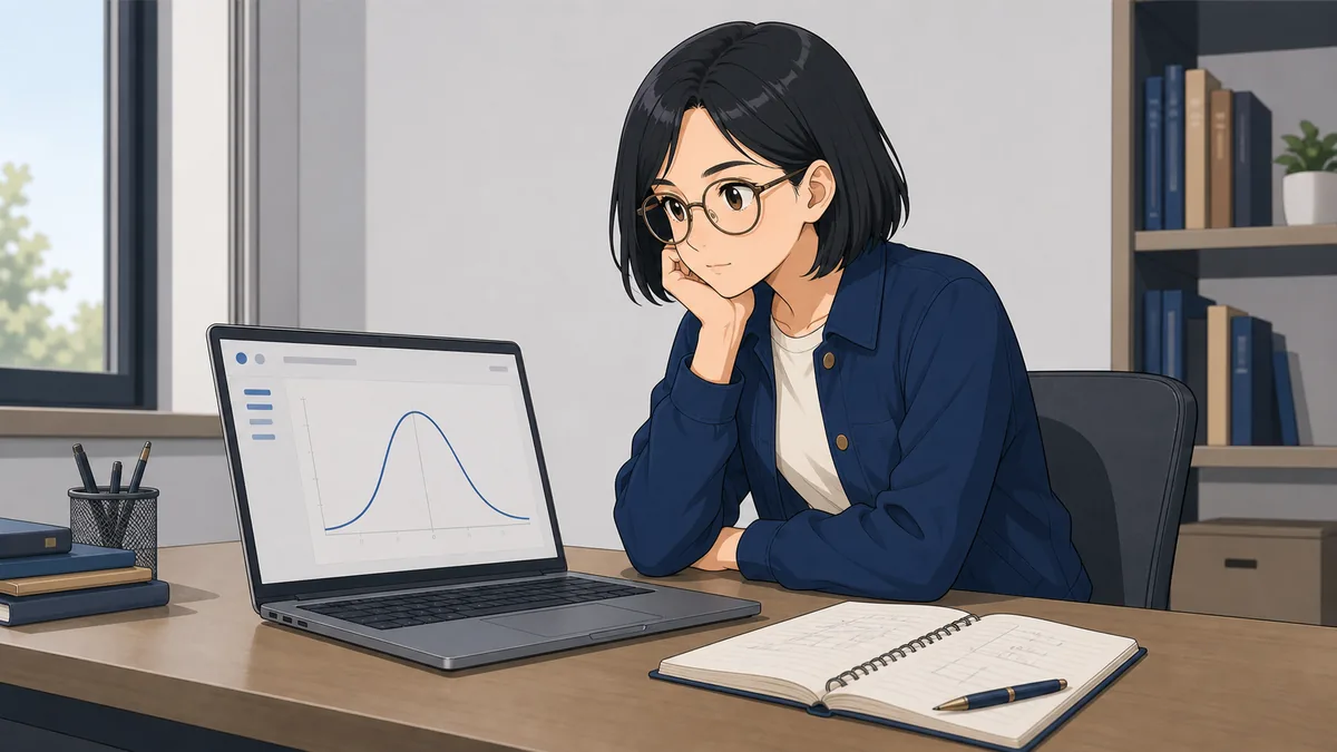 A student studies a symmetrical bell curve on a laptop screen