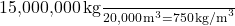 $ \frac{15,000,000\,\text{kg}}{20,000\,\text{m}^3} = 750 \,\text{kg/m}^3$