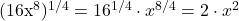 $(16x^8)^{1/4} = 16^{1/4} \cdot x^{8/4} = 2 \cdot x^2$